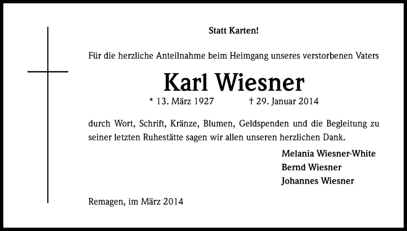  Traueranzeige für Karl Wiesner vom 01.03.2014 aus Kölner Stadt-Anzeiger / Kölnische Rundschau / Express