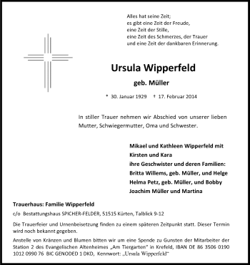 Anzeige von Ursula Wipperfeld von Kölner Stadt-Anzeiger / Kölnische Rundschau / Express