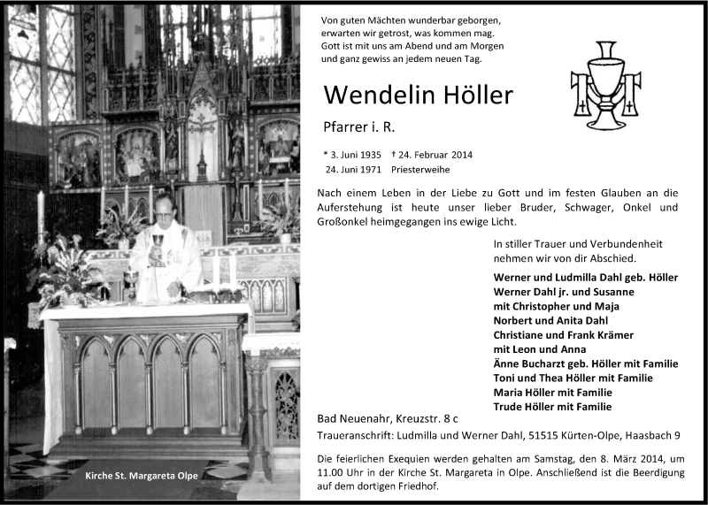  Traueranzeige für Wendelin Höller vom 05.03.2014 aus Kölner Stadt-Anzeiger / Kölnische Rundschau / Express