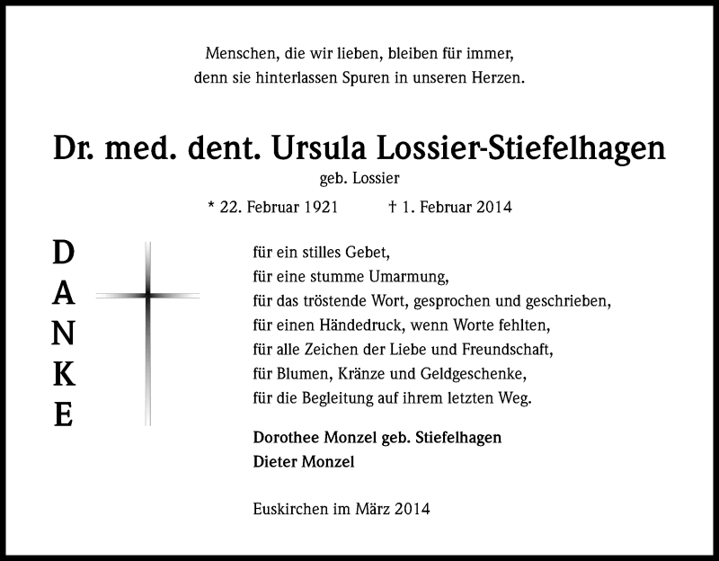  Traueranzeige für Ursula Lossier-Stiefelhagen vom 08.03.2014 aus Kölner Stadt-Anzeiger / Kölnische Rundschau / Express