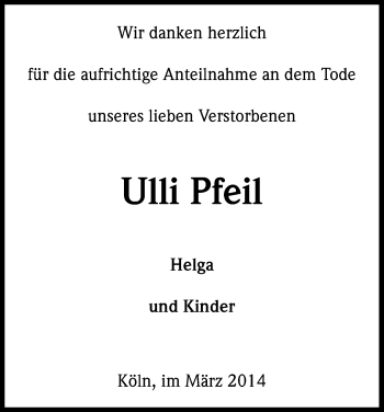 Anzeige von Ulli Pfeil von Kölner Stadt-Anzeiger / Kölnische Rundschau / Express