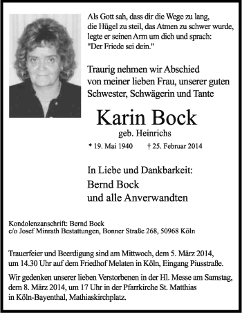 Anzeige von Karin Bock von Kölner Stadt-Anzeiger / Kölnische Rundschau / Express