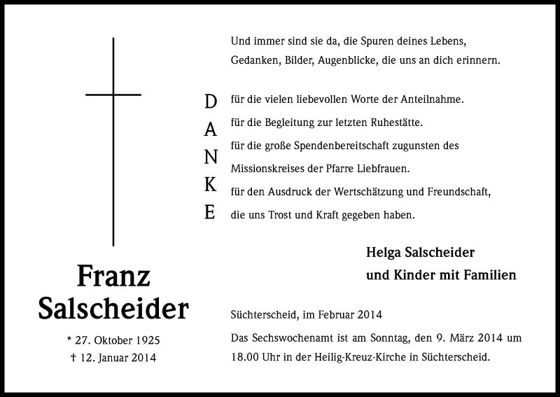  Traueranzeige für Franz Salscheider vom 01.03.2014 aus Kölner Stadt-Anzeiger / Kölnische Rundschau / Express