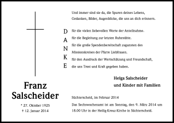 Anzeige von Franz Salscheider von Kölner Stadt-Anzeiger / Kölnische Rundschau / Express