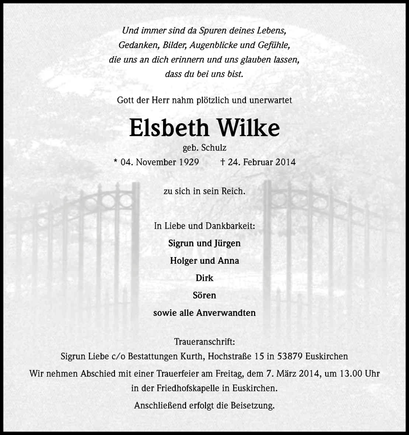  Traueranzeige für Elsbeth Wilke vom 05.03.2014 aus Kölner Stadt-Anzeiger / Kölnische Rundschau / Express