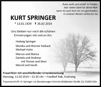 Anzeige von Kurt Springer von Kölner Stadt-Anzeiger / Kölnische Rundschau / Express