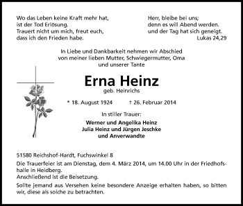 Anzeige von Erna Heinz von Kölner Stadt-Anzeiger / Kölnische Rundschau / Express