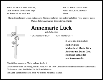 Anzeige von Annemarie Lück von Kölner Stadt-Anzeiger / Kölnische Rundschau / Express