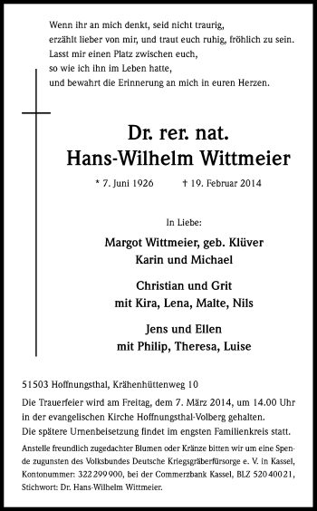 Anzeige von Hans-Wilhelm Wittmeier von Kölner Stadt-Anzeiger / Kölnische Rundschau / Express