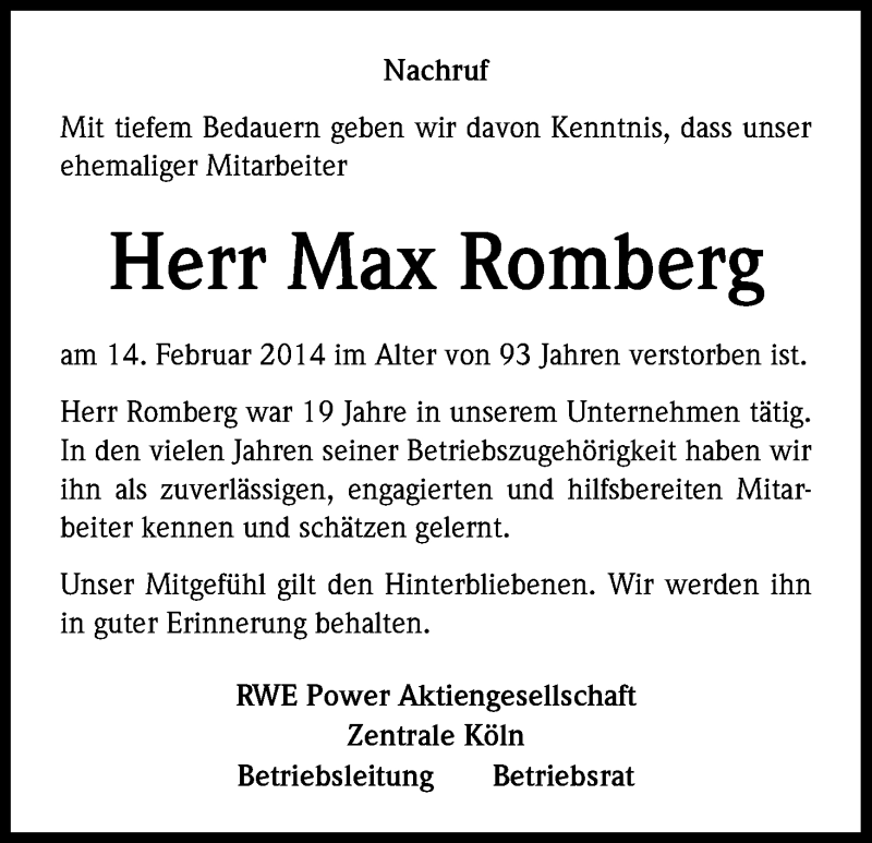  Traueranzeige für Max Romberg vom 28.02.2014 aus Kölner Stadt-Anzeiger / Kölnische Rundschau / Express