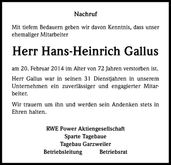 Anzeige von Hans-Heinrich Gallus von Kölner Stadt-Anzeiger / Kölnische Rundschau / Express