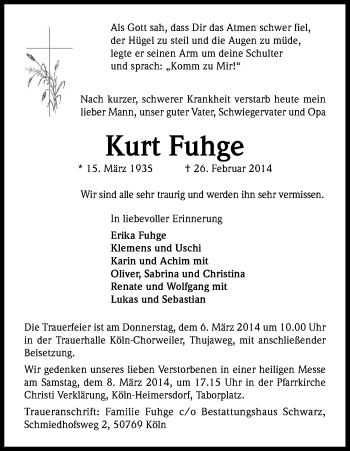 Anzeige von Kurt Fuhge von Kölner Stadt-Anzeiger / Kölnische Rundschau / Express