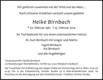 Anzeige von Heike Birnbach von Kölner Stadt-Anzeiger / Kölnische Rundschau / Express