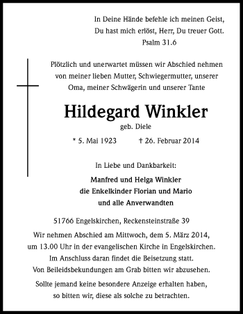Anzeige von Hildegard Winkler von Kölner Stadt-Anzeiger / Kölnische Rundschau / Express
