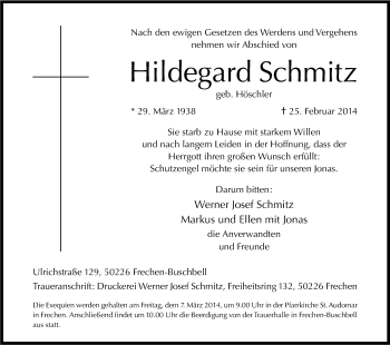 Anzeige von Hildegard Schmitz von Kölner Stadt-Anzeiger / Kölnische Rundschau / Express