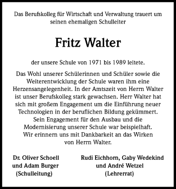 Anzeige von Fritz Walter von Kölner Stadt-Anzeiger / Kölnische Rundschau / Express