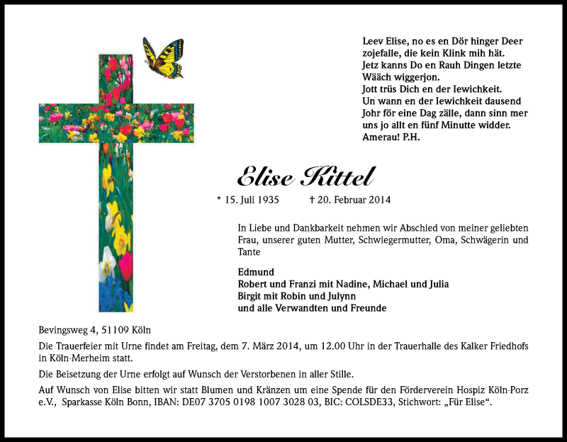  Traueranzeige für Elise Kittel vom 04.03.2014 aus Kölner Stadt-Anzeiger / Kölnische Rundschau / Express