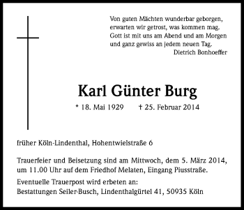 Anzeige von Karl Günter Burg von Kölner Stadt-Anzeiger / Kölnische Rundschau / Express