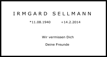 Anzeige von Irmgard Sellmann von Kölner Stadt-Anzeiger / Kölnische Rundschau / Express