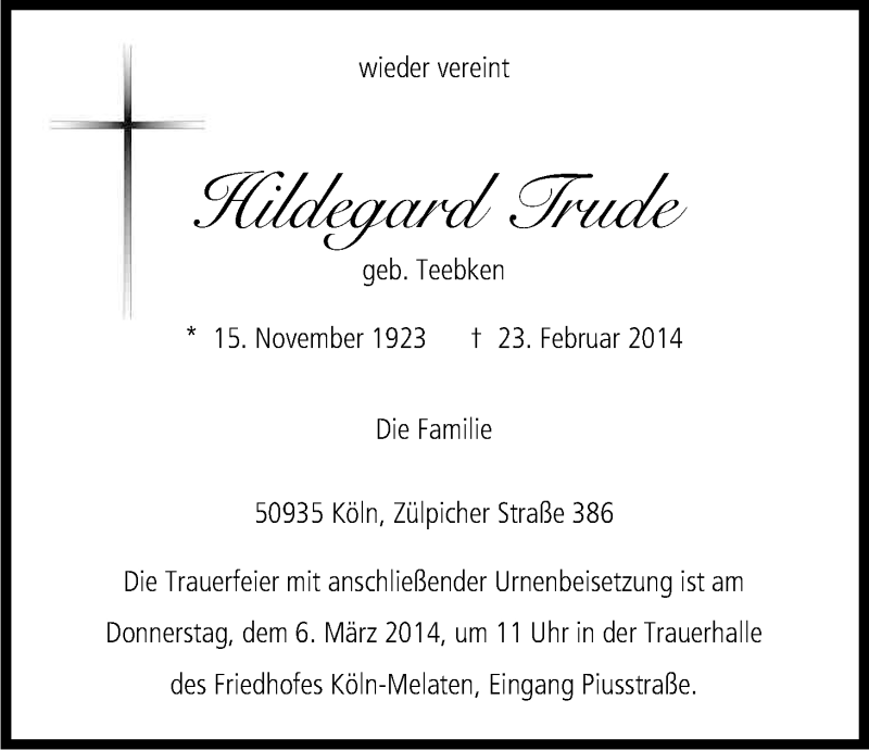  Traueranzeige für Hildegard Trude vom 01.03.2014 aus Kölner Stadt-Anzeiger / Kölnische Rundschau / Express