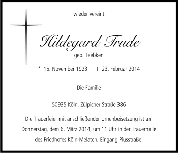 Anzeige von Hildegard Trude von Kölner Stadt-Anzeiger / Kölnische Rundschau / Express