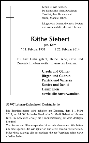 Anzeige von Käthe Siebert von Kölner Stadt-Anzeiger / Kölnische Rundschau / Express
