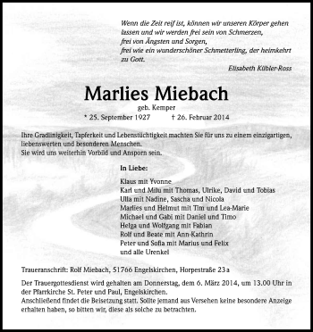 Anzeige von Marlies Miebach von Kölner Stadt-Anzeiger / Kölnische Rundschau / Express