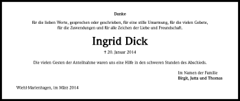 Anzeige von Ingrid Dick von Kölner Stadt-Anzeiger / Kölnische Rundschau / Express