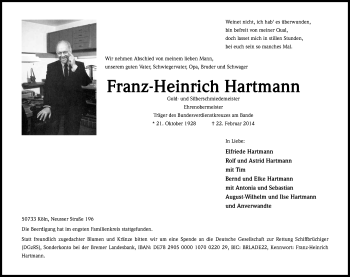 Anzeige von Franz Heinrich Hartmann von Kölner Stadt-Anzeiger / Kölnische Rundschau / Express