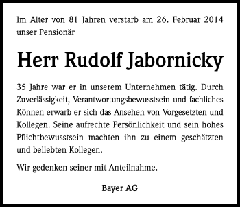 Anzeige von Rudolf Jabornicky von Kölner Stadt-Anzeiger / Kölnische Rundschau / Express