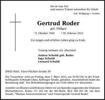 Anzeige von Gertrud Roder von Kölner Stadt-Anzeiger / Kölnische Rundschau / Express