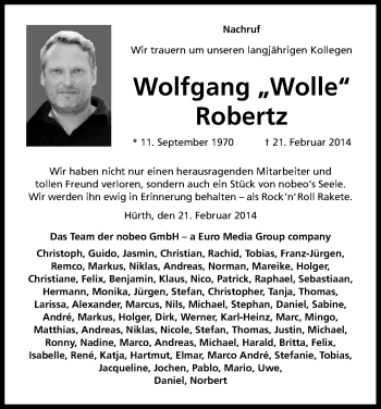 Anzeige von Wolfgang Robertz von Kölner Stadt-Anzeiger / Kölnische Rundschau / Express
