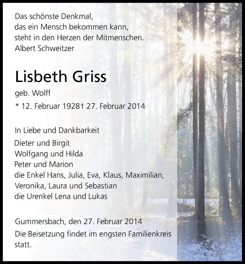  Traueranzeige für Lisbeth Griss vom 01.03.2014 aus Kölner Stadt-Anzeiger / Kölnische Rundschau / Express