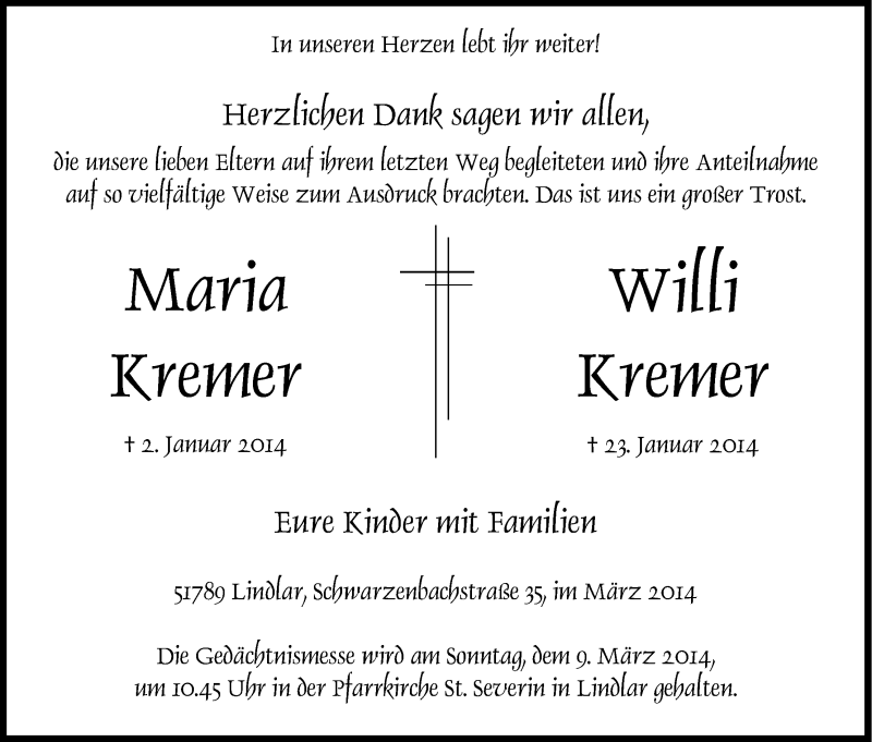  Traueranzeige für Maria  Kremer vom 01.03.2014 aus Kölner Stadt-Anzeiger / Kölnische Rundschau / Express