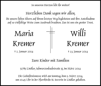 Anzeige von Maria  Kremer von Kölner Stadt-Anzeiger / Kölnische Rundschau / Express