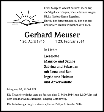 Anzeige von Gerhard Meuser von Kölner Stadt-Anzeiger / Kölnische Rundschau / Express