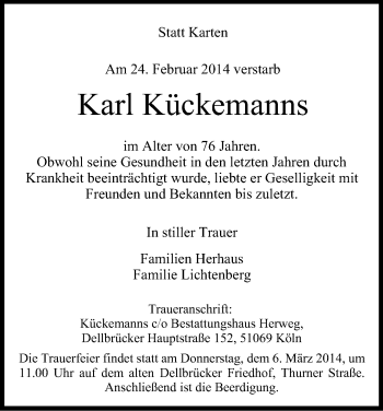 Anzeige von Karl Kückemanns von Kölner Stadt-Anzeiger / Kölnische Rundschau / Express
