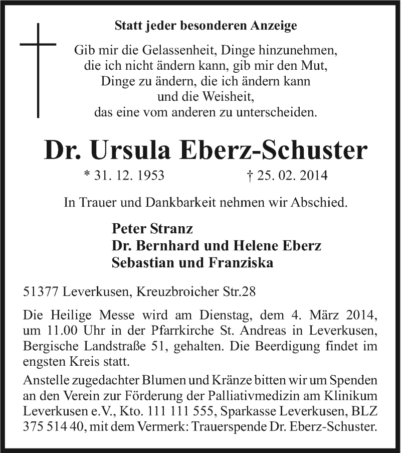  Traueranzeige für Ursula Eberz-Schuster  vom 01.03.2014 aus Kölner Stadt-Anzeiger / Kölnische Rundschau / Express