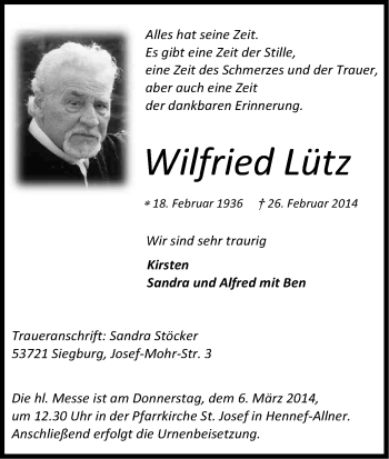 Anzeige von Wilfried Lütz von Kölner Stadt-Anzeiger / Kölnische Rundschau / Express