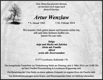 Anzeige von Artur Wenzlaw von Kölner Stadt-Anzeiger / Kölnische Rundschau / Express