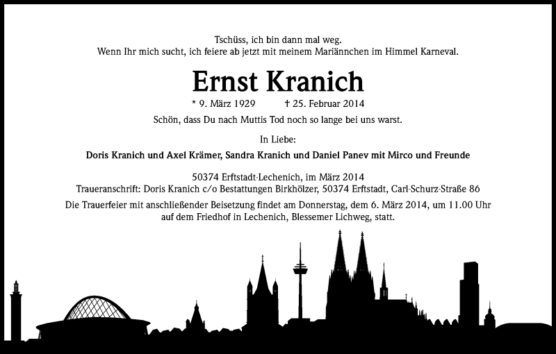  Traueranzeige für Ernst Kranich vom 03.03.2014 aus Kölner Stadt-Anzeiger / Kölnische Rundschau / Express