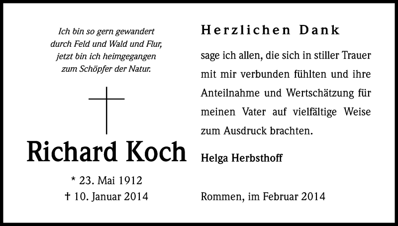  Traueranzeige für Richard Koch vom 01.03.2014 aus Kölner Stadt-Anzeiger / Kölnische Rundschau / Express