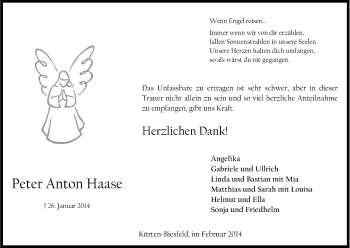 Anzeige von Peter Anton Haase von Kölner Stadt-Anzeiger / Kölnische Rundschau / Express