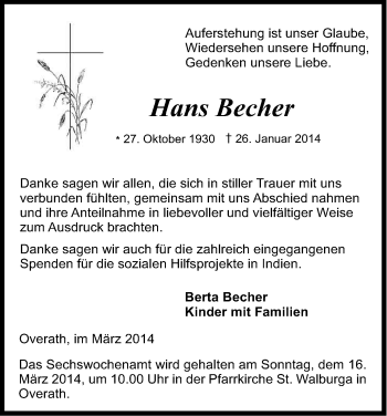 Anzeige von Hans Becher von Kölner Stadt-Anzeiger / Kölnische Rundschau / Express