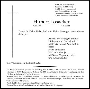 Anzeige von Hubert Losacker von Kölner Stadt-Anzeiger / Kölnische Rundschau / Express