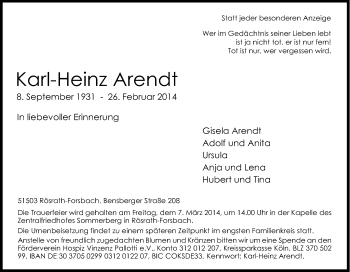 Anzeige von Karl-Heinz Arendt von Kölner Stadt-Anzeiger / Kölnische Rundschau / Express