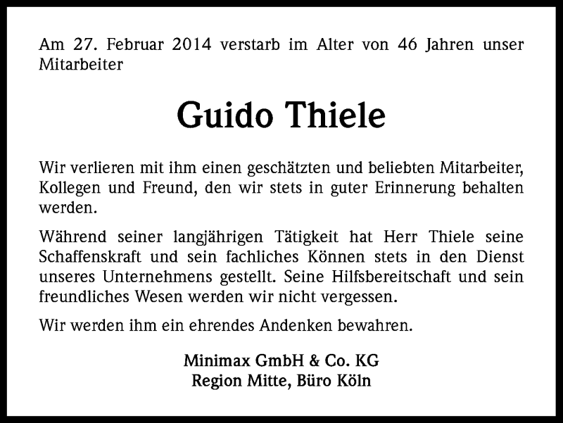  Traueranzeige für Guido Thiele vom 05.03.2014 aus Kölner Stadt-Anzeiger / Kölnische Rundschau / Express