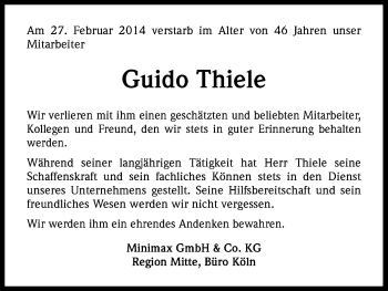 Anzeige von Guido Thiele von Kölner Stadt-Anzeiger / Kölnische Rundschau / Express