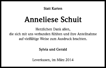 Anzeige von Anneliese Schult von Kölner Stadt-Anzeiger / Kölnische Rundschau / Express