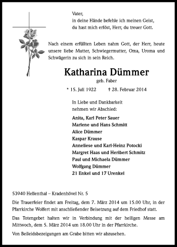 Anzeige von Katharina Dümmer von Kölner Stadt-Anzeiger / Kölnische Rundschau / Express